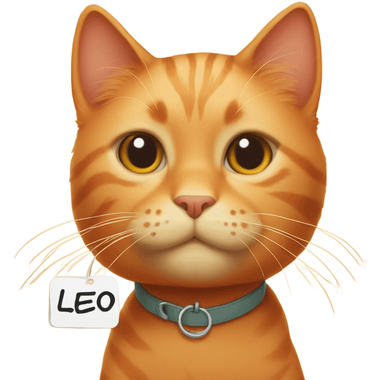 orange cat with name tag saying 'LEO' emoji