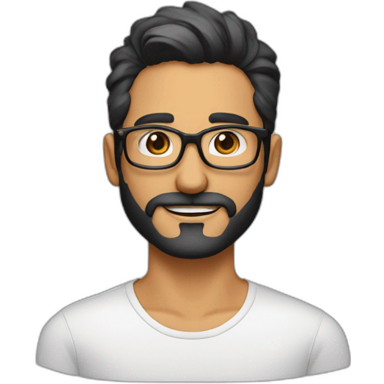 Hombre de 30 años con gafas y barba abierta con cabello negro y ojos color cafe emoji