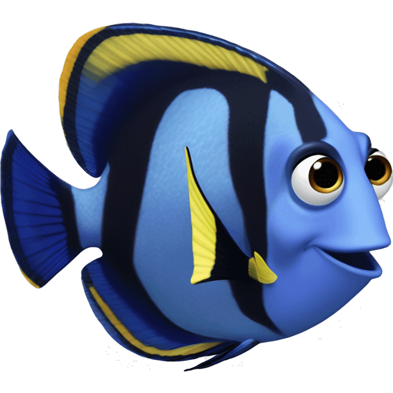 a marine fish named Blue Tang Fish focus on its coloration.  It looks like Dory in movie Finding Nemo emoji