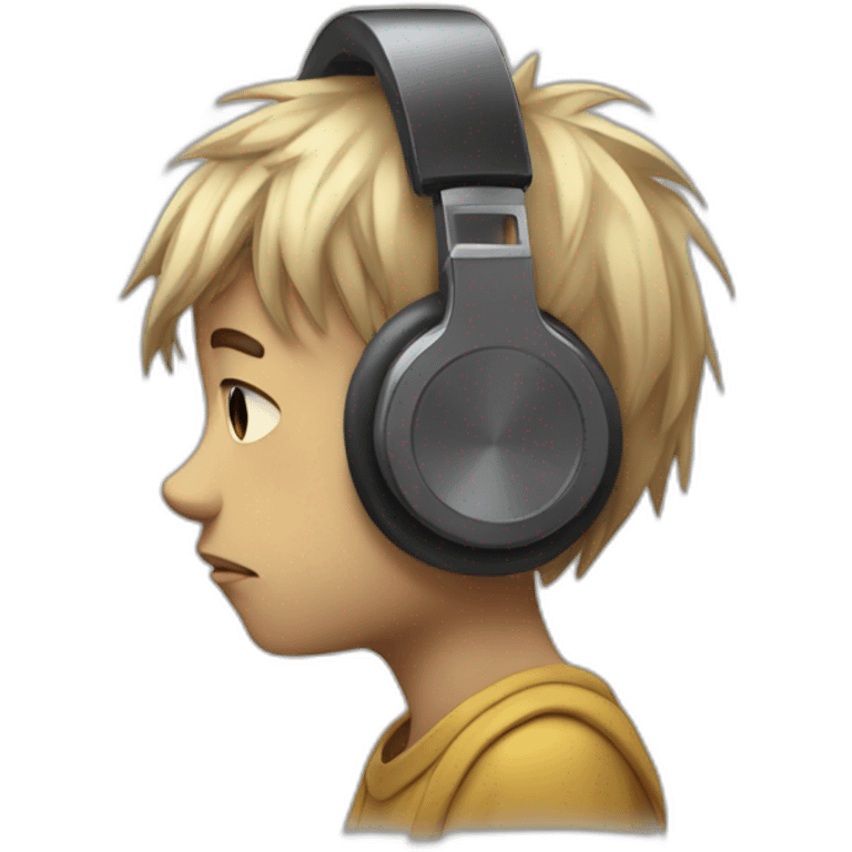 Illustrate a melancholic emoji of a sad boy, head bowed, with headphones on, lost in the emotional melodies of heartbreak. emoji