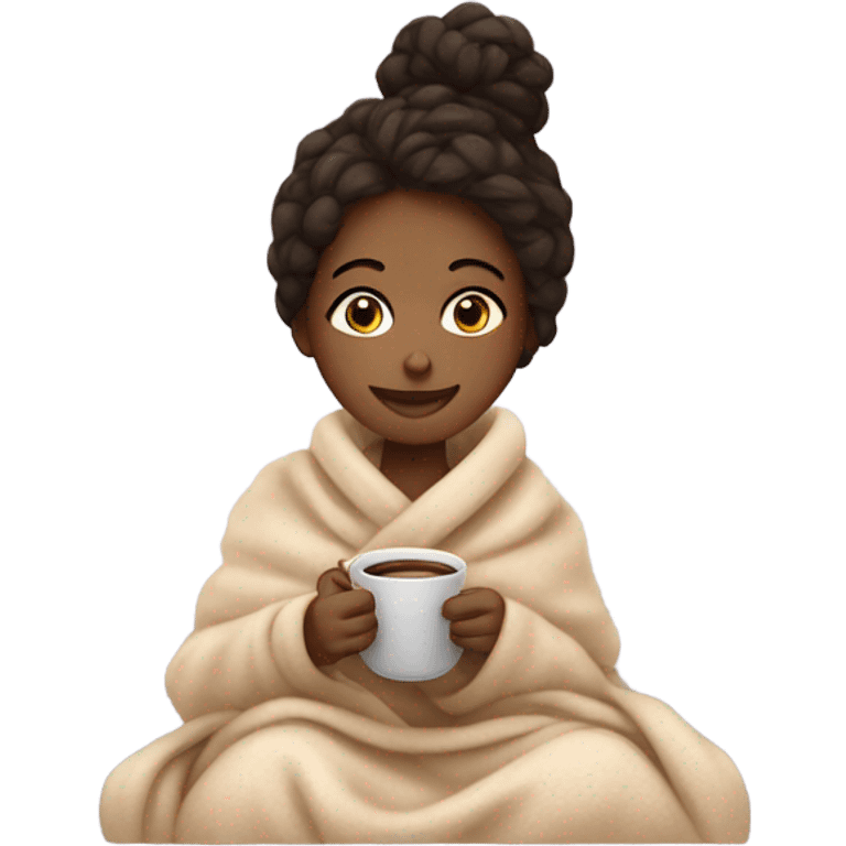 Girl having coffee with blanket on her body emoji