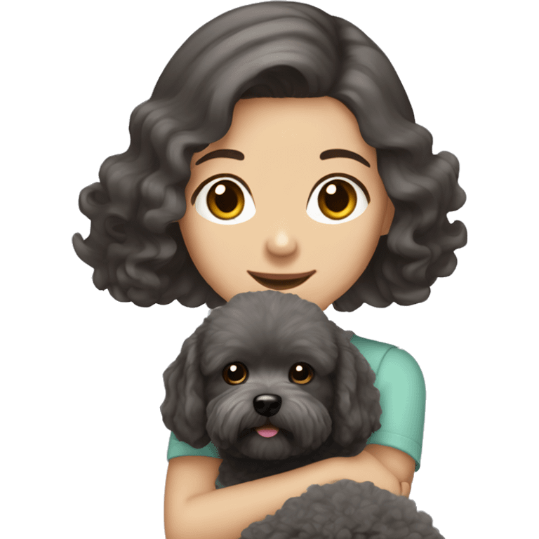 Brunette girl long straight hair, holding a dark gray maltipoo with a white snout emoji