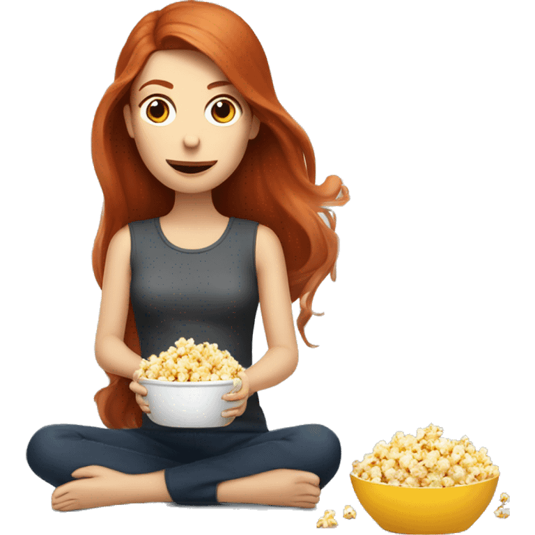 A redhead lady with long hair eating popcorn sitting down watching a robot vacuum  emoji