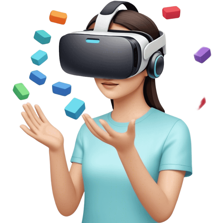 humanless emoji for the creation of VR/AR technology. Show a designer's hands holding a VR headset or AR glasses, with floating 3D models or virtual objects being manipulated in the air. Use modern, tech-inspired colors. Do not include any emojis or smiley faces. Make the background transparent. emoji