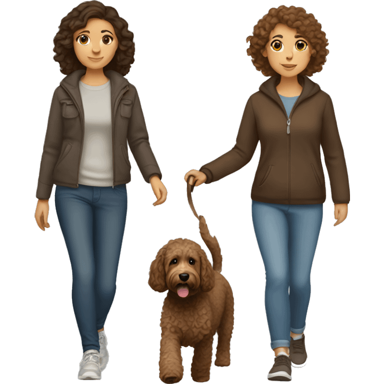 Brown haired woman walking brown labradoodle  emoji