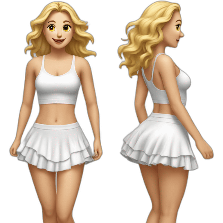 hyperrealistic-full-body-caucasian-curvy-beauty-jumping-small white-skirt-back-and-front-views-strong-wind-knickers emoji