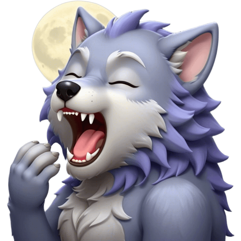 Cinematic Cute Yawning Werewolf Portrait Emoji, with a cuddly, miniature lupine form in soft moonlit grays and silvers, head leaning back in a big, adorable yawn that reveals a few fuzzy teeth, simplified yet irresistibly charming, highly detailed with a soft glowing outline that captures the drowsy, playful essence of a werewolf mid-nap! emoji