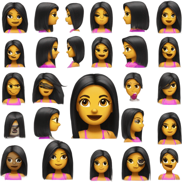 Tanned woman with long black hair, dressed in y2k hip hop hair, makeup, and neon attire emoji