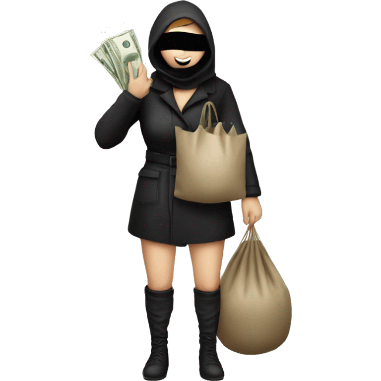 woman thief full body with a sack full of money, caucasian, mask on to cover eyes emoji