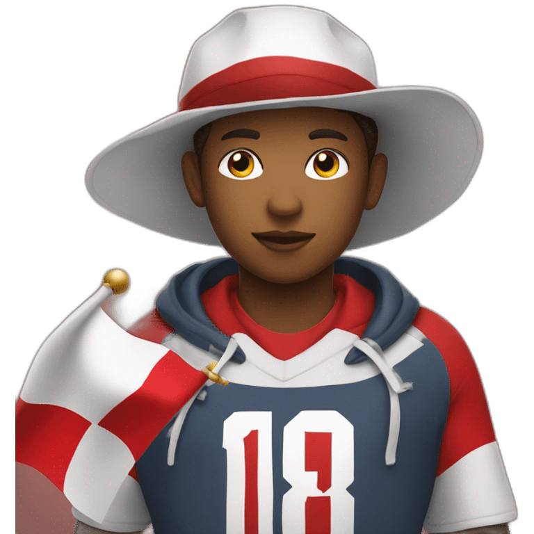 A 13-year-old boy with a big body, wearing a red white hat and holding a red white flag. He likes football very much. emoji