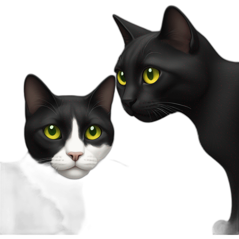 one black cat with green eyes and White stain on chest next to an other full black with yellow eyes. emoji