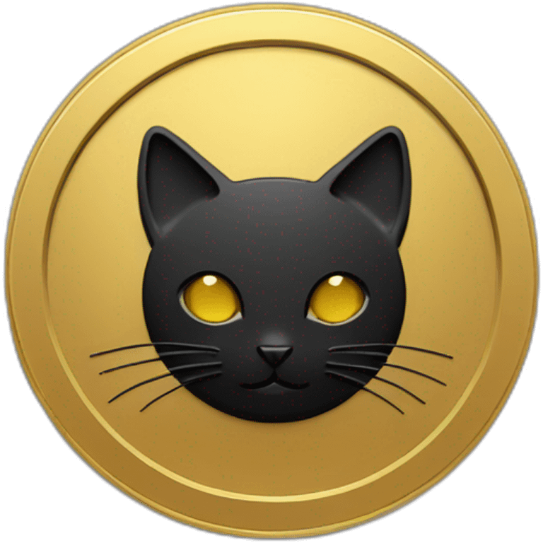 A round gold coin with a matte black color on the sides, and a cat's head in the center of this coin emoji