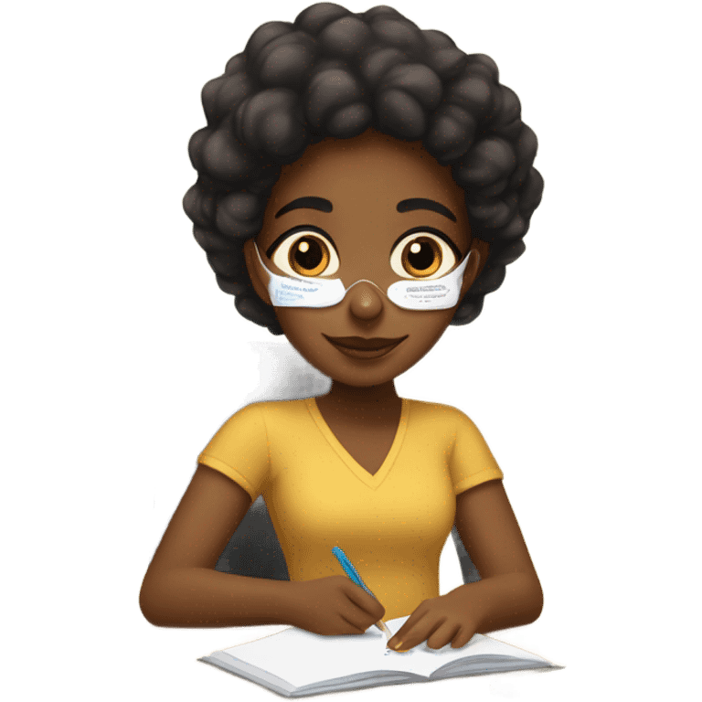 Brown girl with self care mask on, doing homework  emoji