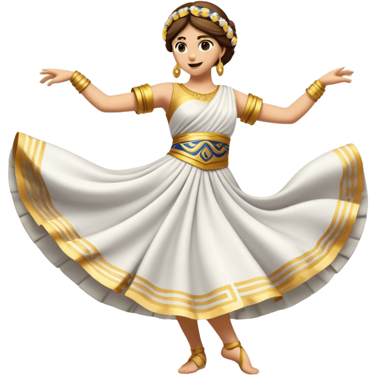 Cinematic Realistic Sirtaki Dance Emoji, depicted as a vibrant traditional Greek dance scene with flowing movements and expressive costumes, rendered with dynamic textures and warm festive lighting that captures its cultural exuberance. emoji