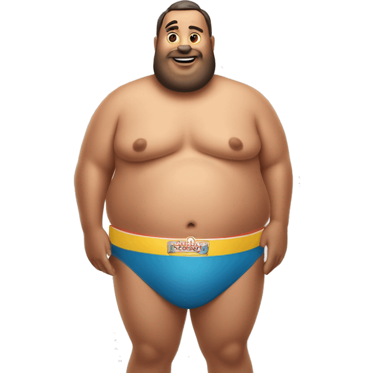 Fat man wearing a speedo while holding fully loaded hotdogs emoji