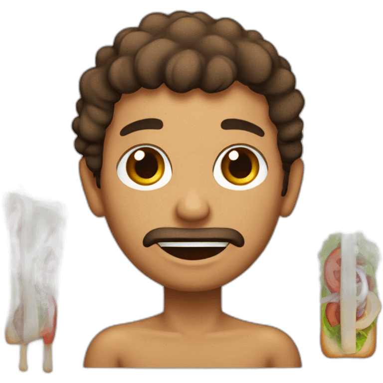 a brown skinned man, emaciated face with short curly hair eating a kebab emoji