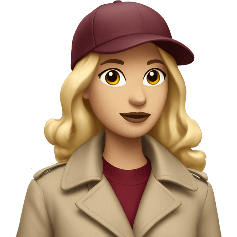 Blonde girl wearing beige trench coat and burgundy baseball cap written Paris on it  emoji