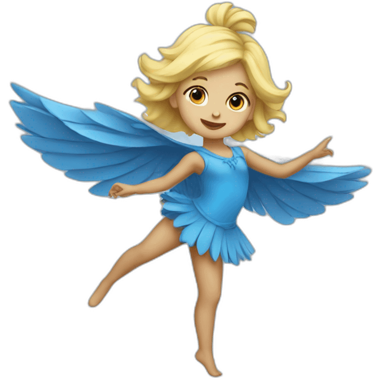 little blonde girl dancing in a blue bird costume emoji