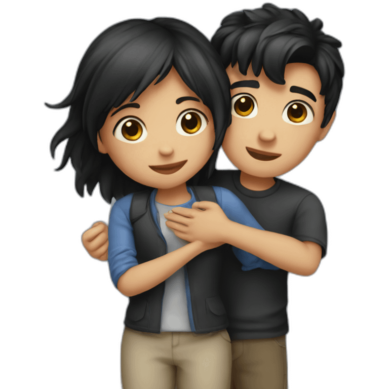 Hug boy and girl black hair emoji