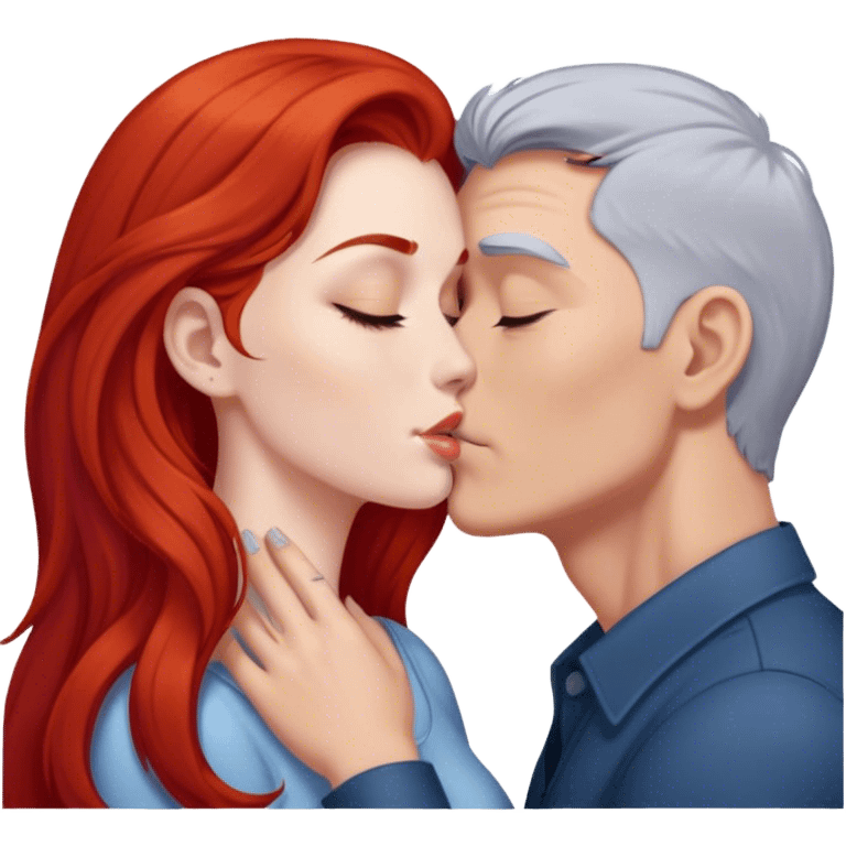 Long red hair woman kissing man with short gray hair emoji