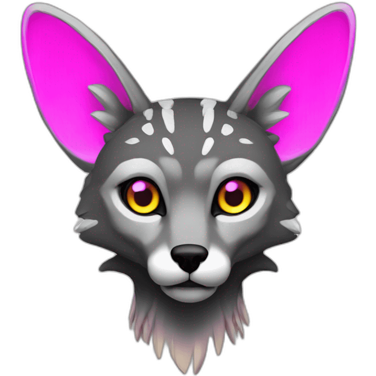 Coyote ocelot with grey and black fur and phoenix wings and pink ears half skeleton, neon lights emoji