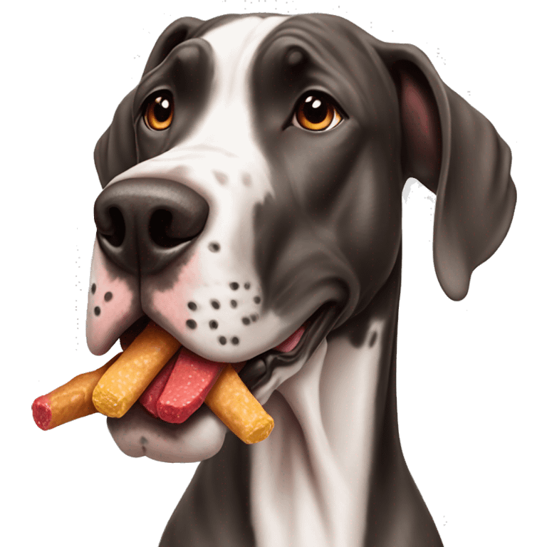 Great Dane spotted with reddish brown color holding a treat in mouth emoji