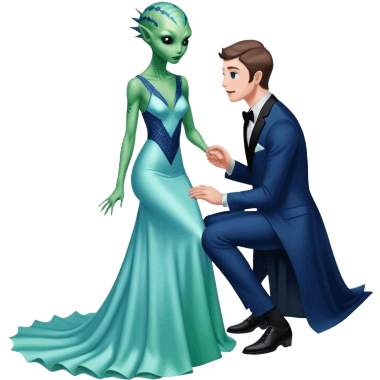 alien reptilian green skin woman, in long slim pastel blue formal party satin dress with gradient shiny sparkling navy blue diamonds embroidered , and caucasian man in black dres on his knees asks her to marry her emoji