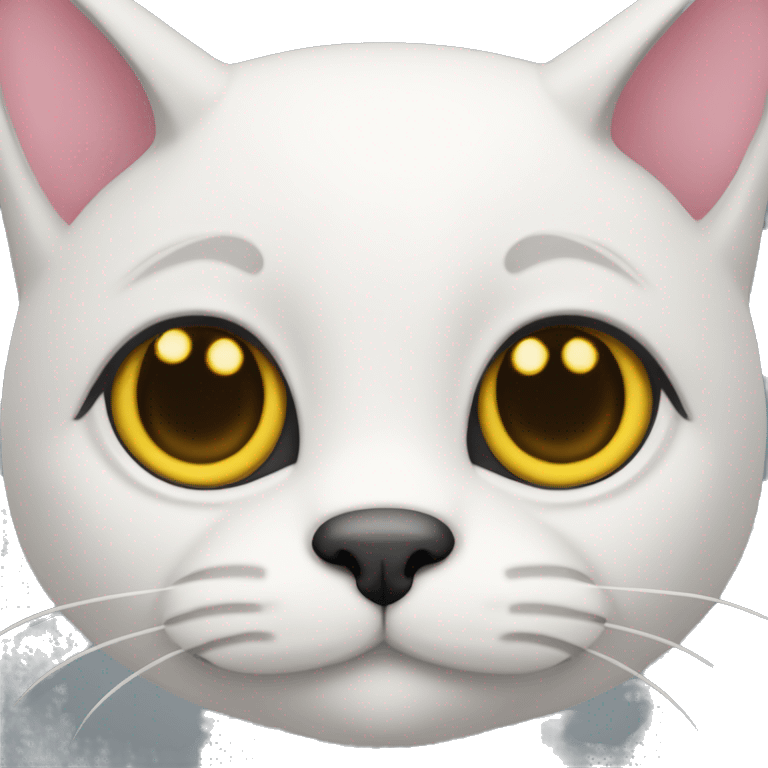 Cat with clear white face, little black spot like mustache under nose, pink ears, and full forehead and under ears the fur is black, yellow eyes, no stripes emoji