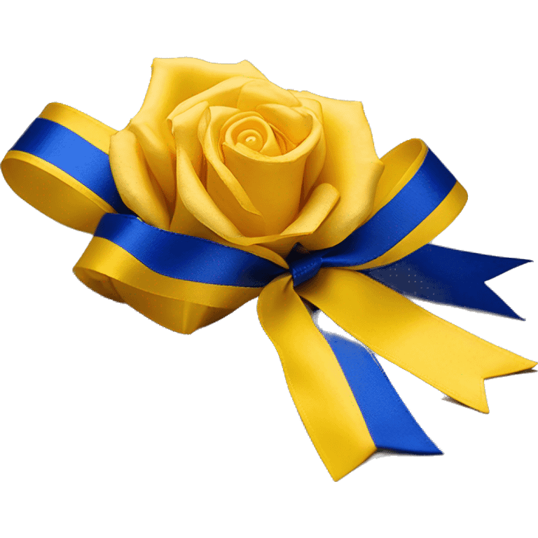 Royal blue and gold ribbon tied around the stern of a yellow tea rose emoji