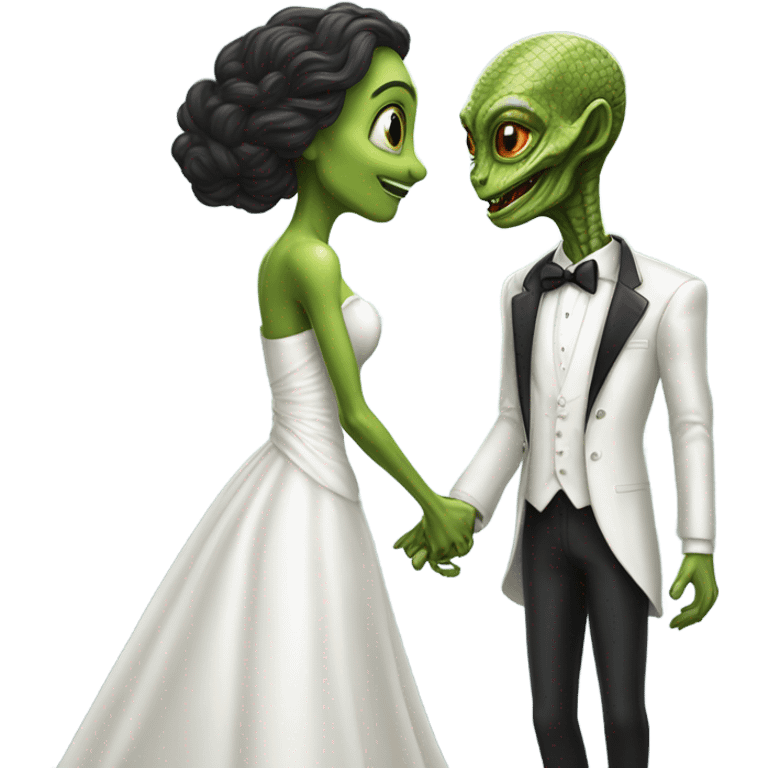 Alien reprilian woman in wedding dress and one man in a tuxedo holding hands getting married emoji