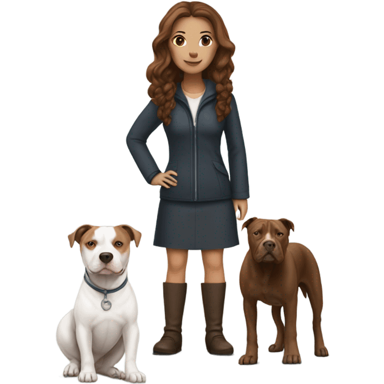 white woman with straight long brown hair standing alongside a white pitbull emoji