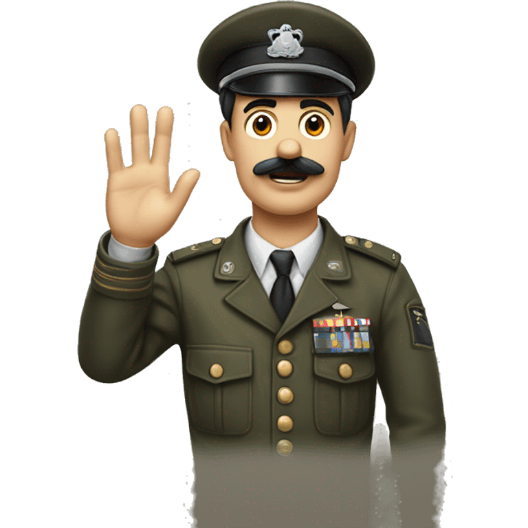 A guy with a side part hair and a mustache that looks like charlie chaplin’s mustache raising their hand and wearing army clothes emoji