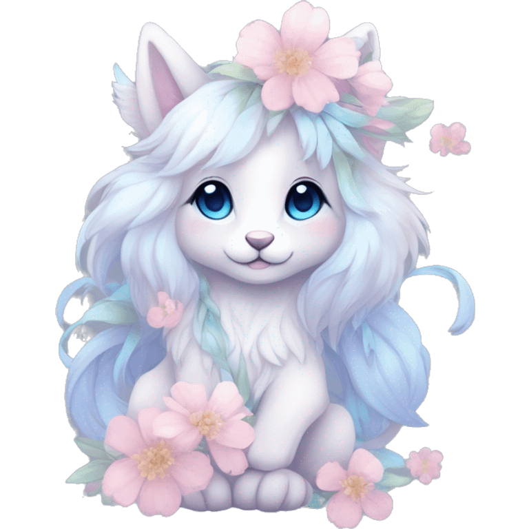 Anthro Cute Cool Pastel Innocent Shy Kawaii gorgeous sparkly ethereal fantasy animal creature with blue eyes furry sona with flowers and ribbons beautiful aesthetic emoji