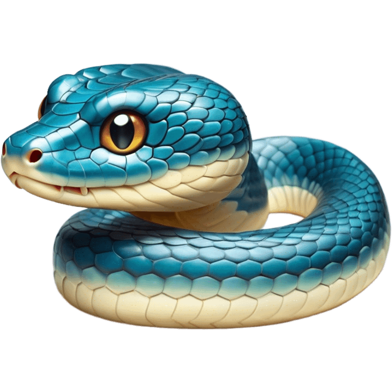 Cinematic Cute Chinese Water Snake Portrait Emoji, Head tilted playfully and inquisitively, with a compact, lithe form and a smooth, shimmering coat in subtle aquatic hues, round, sparkling eyes filled with curious fluidity, Simplified yet irresistibly adorable features, highly detailed, glowing with a warm, friendly glow, high shine, affectionate and agile, stylized with a touch of aquatic whimsy, soft glowing outline, capturing the essence of a mischievous yet loving water snake that feels like it could slither out of the screen into your arms! emoji