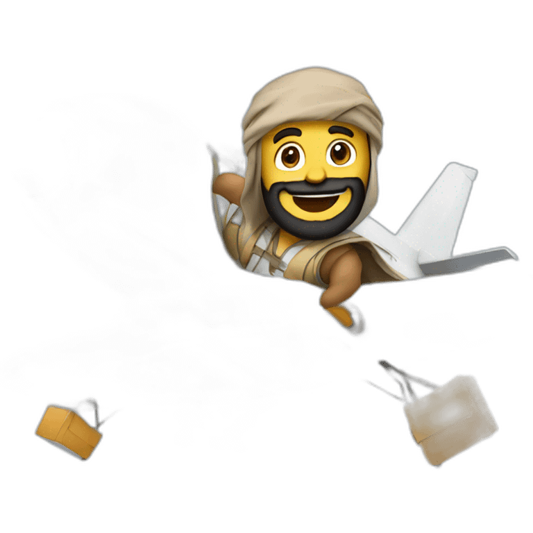 arab with a beard in a squared cardboard vest dancing on top of a plane emoji