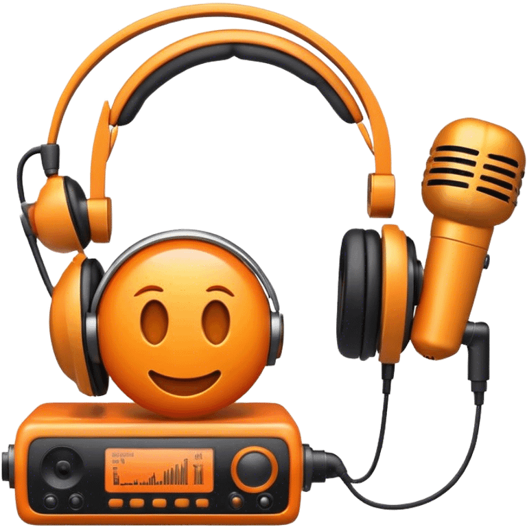 Create a dynamic and creative emoji that represents voiceover and dubbing. The design should feature a microphone, a pair of studio headphones, and sound waveforms to symbolize the recording and manipulation of voice. Add subtle details like a film reel or a speech bubble to represent the dubbing aspect. Use vibrant colors like orange, red, or purple to evoke energy and creativity in voiceover work. The background should be transparent. emoji