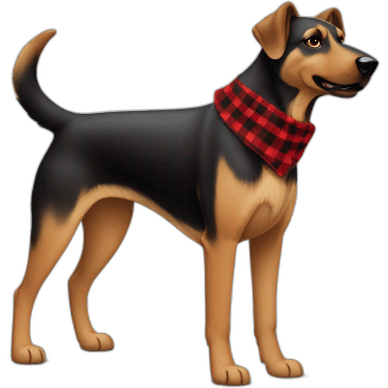 adult 75% Coonhound 25% German Shepherd mix dog with visible tail wearing small pointed red buffalo plaid bandana full body walking left quickly emoji