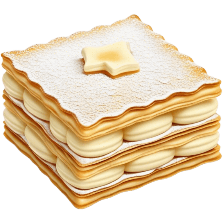 Cinematic delicate mille-feuille, thin crispy pastry layers filled with smooth vanilla cream, dusted with powdered sugar, elegant presentation, highly detailed and sophisticated. emoji