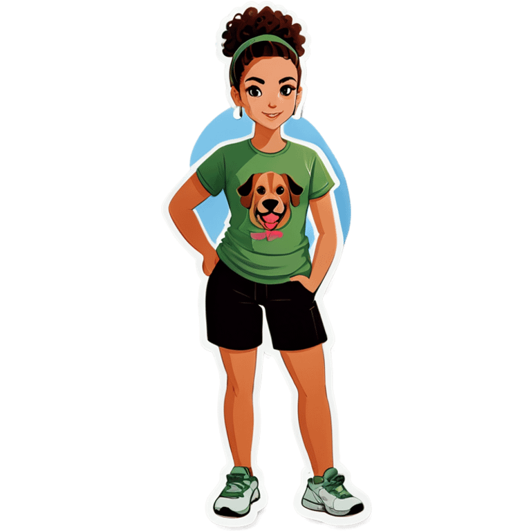 Girl with a burnette curly bun and a sage green T-shirt with a big dog emoji