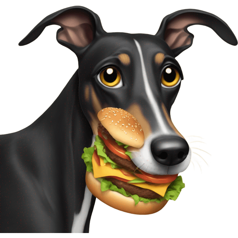 Black greyhound eating burger emoji