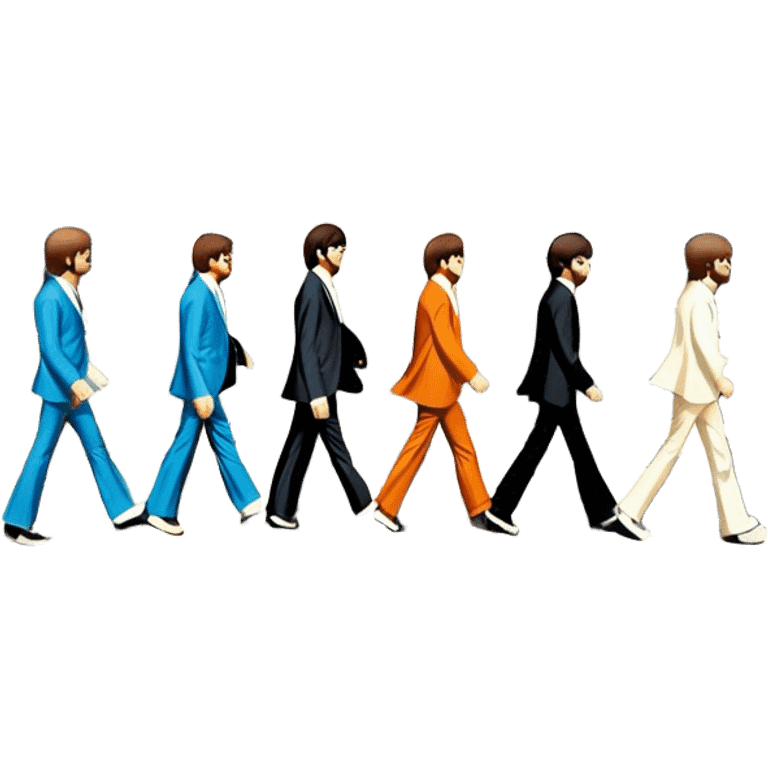 Cinematic Realistic The Beatles Abbey Road Scene Emoji, depicting the legendary band of four crossing the iconic zebra-striped street in their classic outfits, exuding effortless charisma and musical legacy. The scene is bathed in warm, nostalgic lighting with rich textures that capture the essence of 1960s rock history. emoji