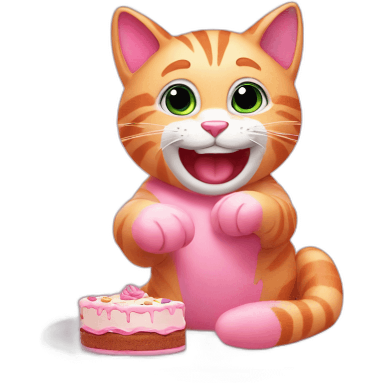 A cheerful pink cat eats a cake and waves its paw  emoji