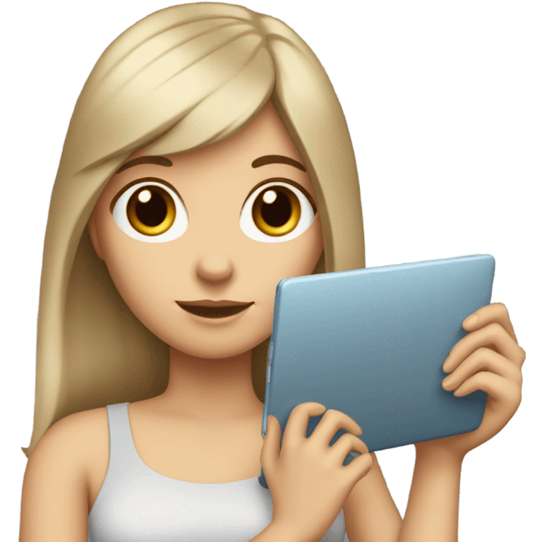 white girl with dark straight long hair and bangs holding a laptop in her hands emoji