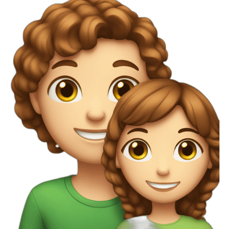 Girl with brown hairs. boy with brown hairs and green eyes and hugs brown fat cats emoji