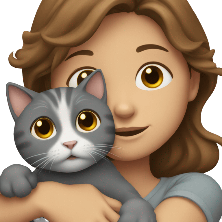 Brown haired girl hugging a grey cat emoji