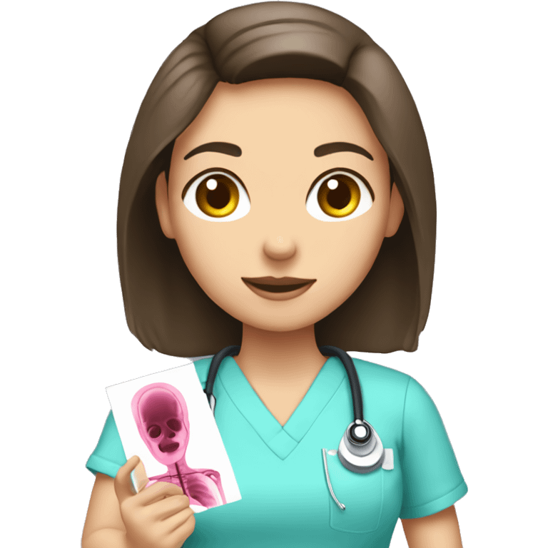 Brunette girl in pink scrubs looking at an arm X-ray  emoji