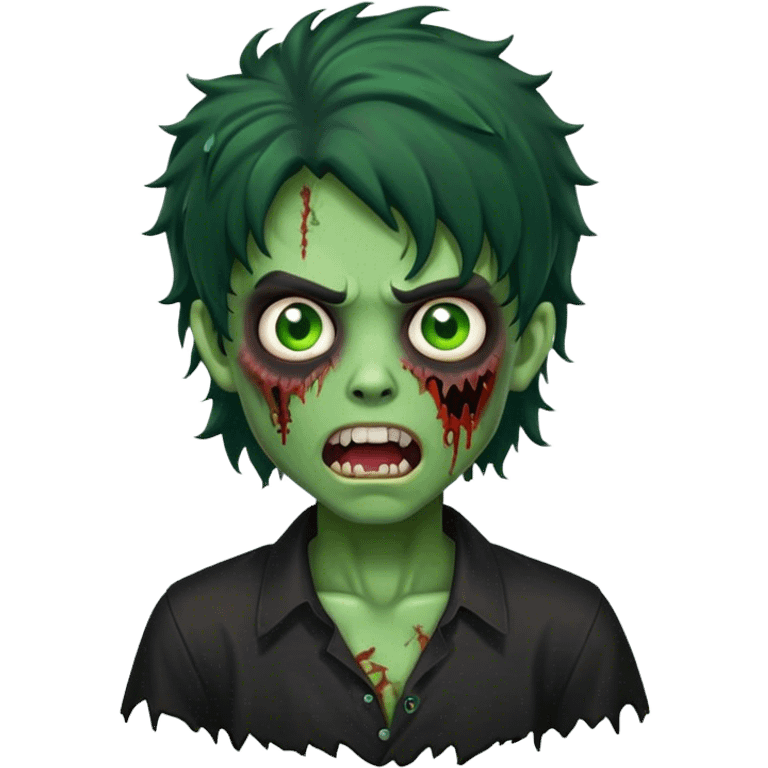 boy zombie with black curly hair mullet with green skin with black shirt and mouth open emoji