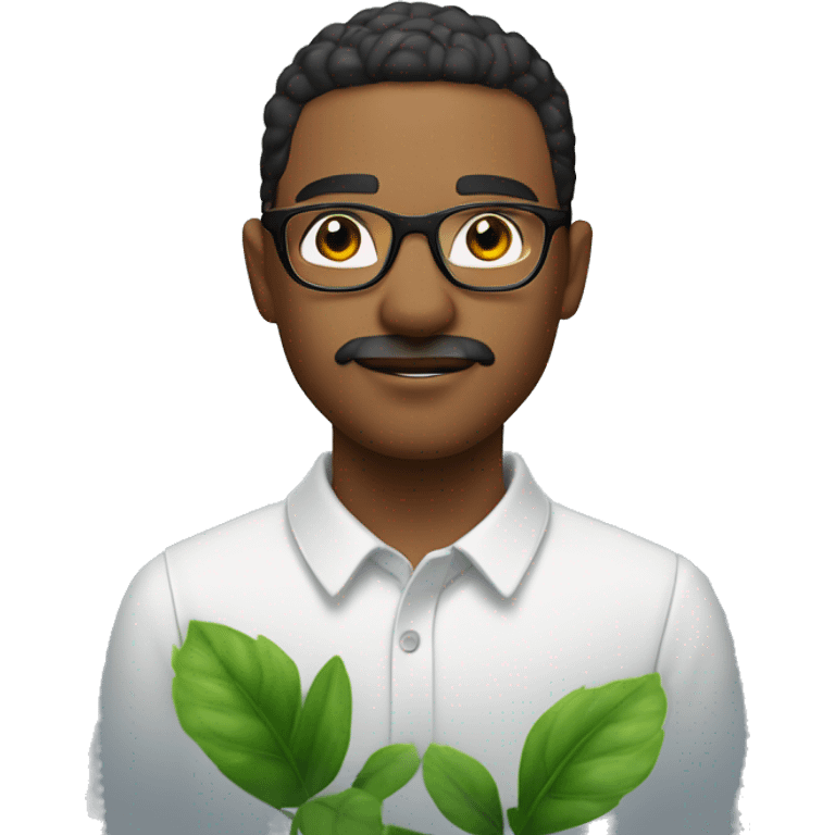 A young man with short, dark, slightly wet-looking hair, a trimmed mustache, and stubble. He wears round glasses that frame his focused eyes. The background has a frosty white blur effect, with a green plant behind him. emoji