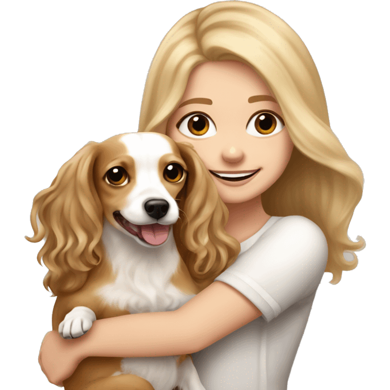 White girl with very long, wavy, blonde hair and brown eyes holding a white and tan chihuahua-dachshund mix happy with floppy furry ears emoji