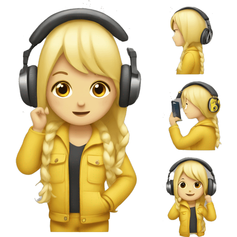 Yellow girl with headphones on holding the headphones ￼￼ emoji